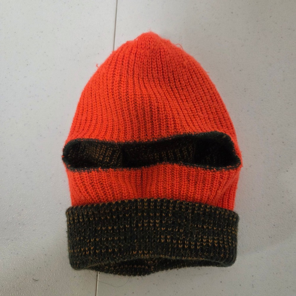 Vintage Blaze Orange Olive Green Knit Balaclava Ski Mask Beanie Hunting Hat